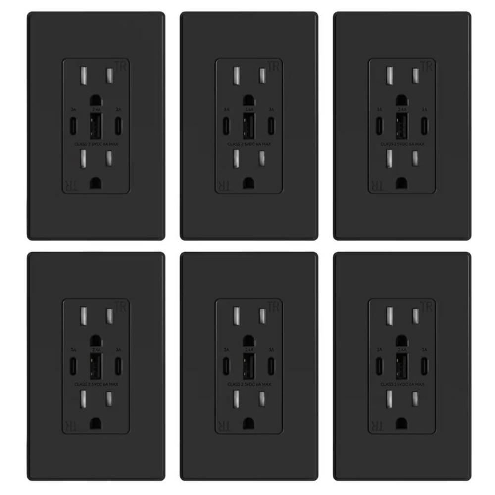 ELEGRP USB Outlets, 30W 6.0 Amp USB C Outlets Receptacles, 15A, 6 Pack, Black